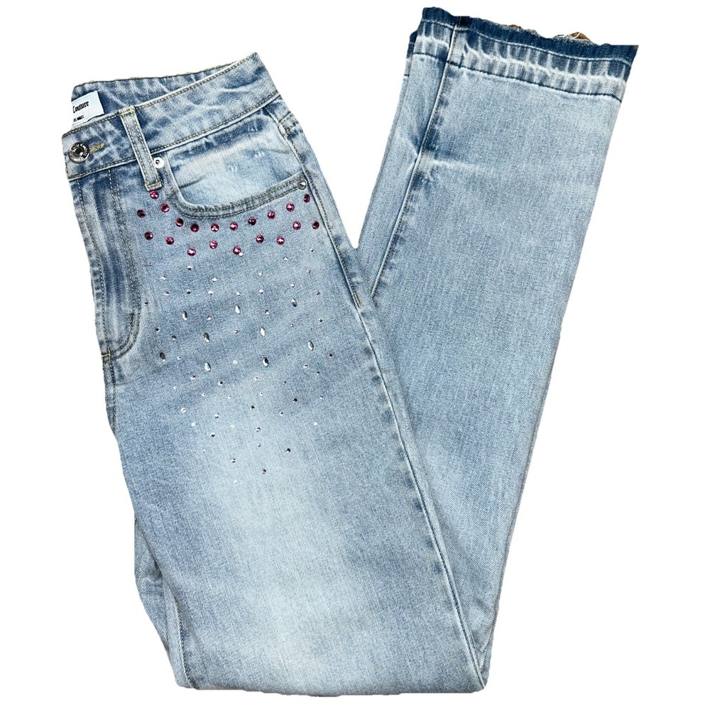 Juicy Couture Venice Bedazzled Rhinestone Light Wash Stretch‎ Raw Hem Size 25